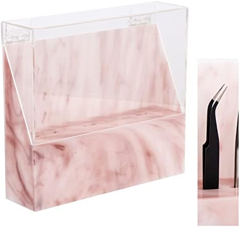 LXIANGN 8 Holes Dust-proof Eyelash Tweezers Holder Case Acrylic Marble Tweezer Stand Display Organizer with Cover for Lash Extensions (pink)