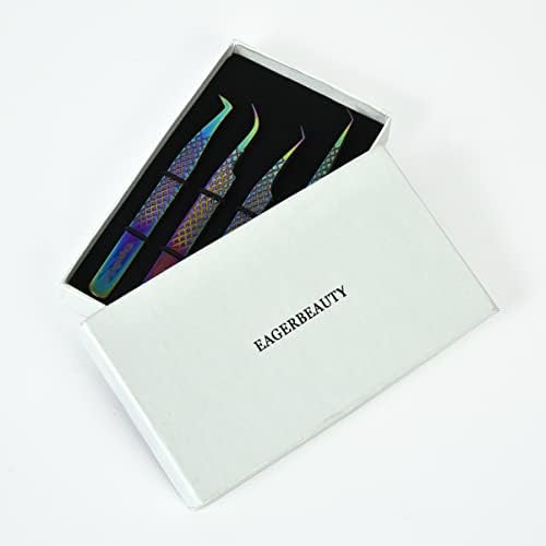 Eyelash Extension Tweezers Stainless Steel Straight Curved Volume Round Lash Tweezers Set for Eyelash Extension Professional Golden (Multi-Color)