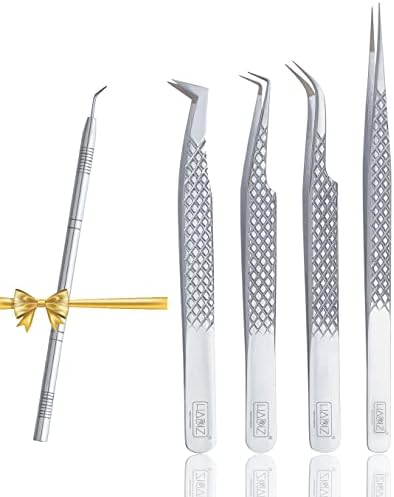 Fiber Tip Lash Tweezers Set Of 4 Eyelash Extension Tweezers Professional Tweezers For Artists & Academy Trainers Anti Slip Diamond Grip Japanese Steel Lash Tweezers