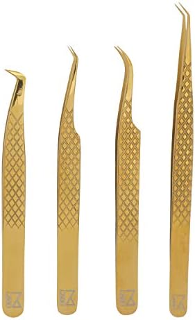 M LASH Set Of 4 Diamond Grip Precision Eyelash Extensions Tweezers - Japanese Steel - 90 Degree, Volume Boot, Curve Lash Supply (Gold)