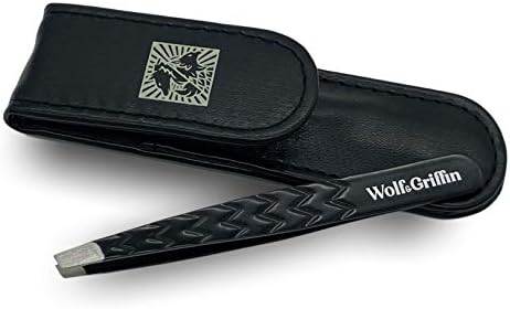 Wolf & Griffin Black Edition Ultimate Precision Tweezers with Case | Stainless Steel with Black Coating | Professional Slant Eyebrow Tweezers for Men and Women (Black)