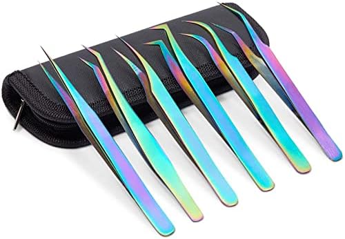 6 Eyelash Extension Precision Tweezers with 1 Storage Case (Rainbow, 7 Pieces)
