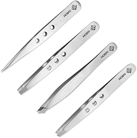 Tweezers Set, Eyebrows Kit Professional Stainless Steel Set - 4 Pieces with Leatherette Travel Case Perfect for Facial Hair, Beauty and Personal Care Tool Hobri International, silver (HTZK-001)