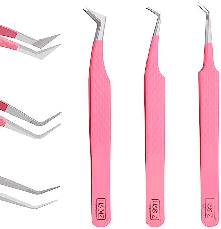 Hadiz Fiber Tip Volume Lash Tweezers Eyelash Extensions Volume Mega Volume 45 and 90 Degree Tweezers(Pack of 3, PINK)