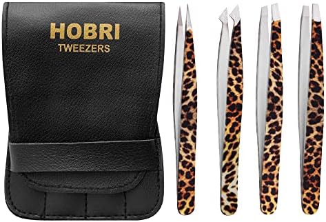 Tweezers Set, Eyebrows Tweezers Kit Professional Stainless Steel Tweezers Set - 4 Pieces with Leatherette Travel Case Perfect for Facial Hair, Beauty and Personal Care Tool (Leapord Style)