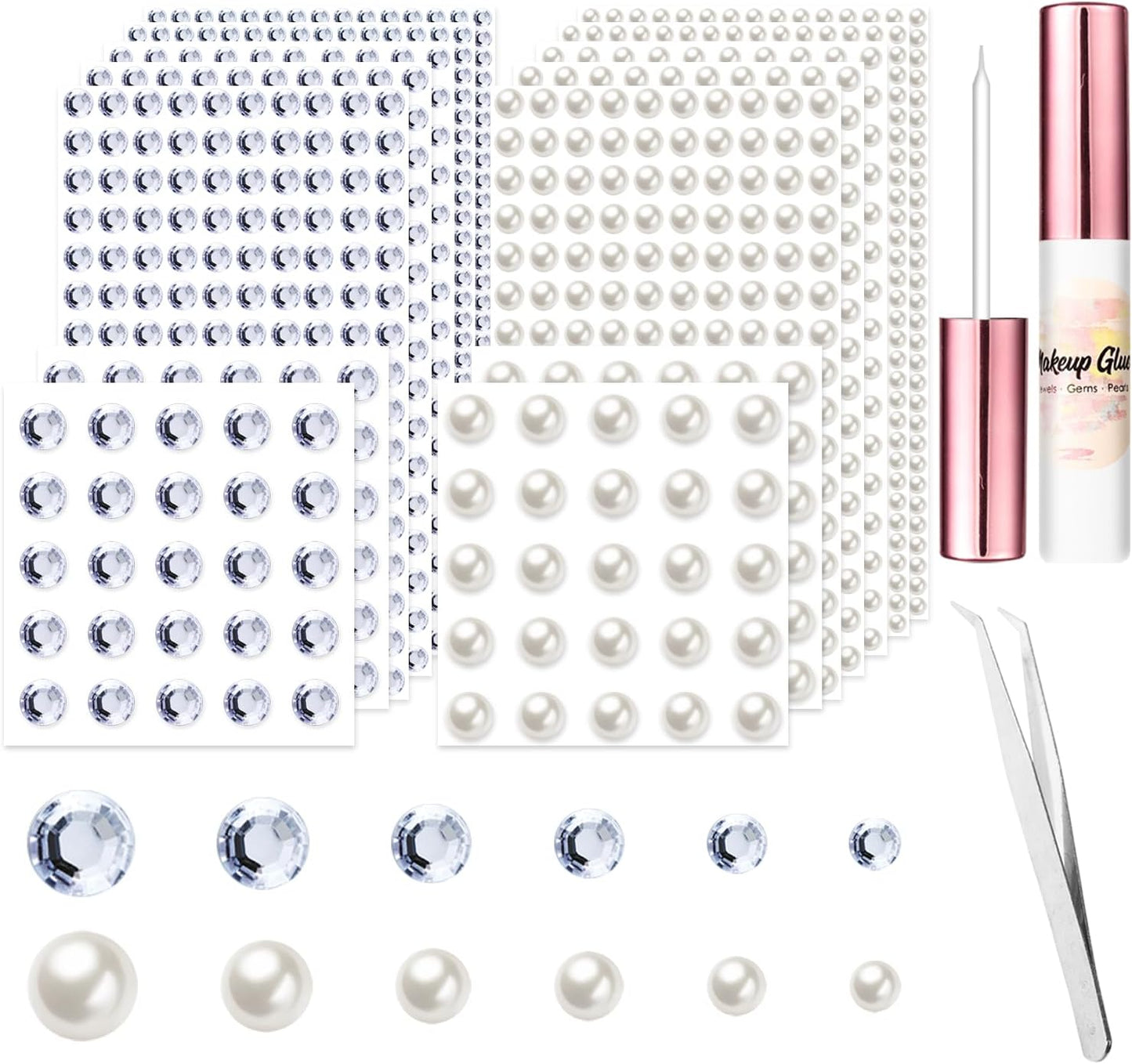 2882 Pcs Hair Gems and Hair Pearls Self Adhesive Hair Jewels Stick on, Face Jewels Hair Rhinestones Stickers Eye Jewels with Glue for Makeup, Tweezer, 3/4/5/6/8/10mm