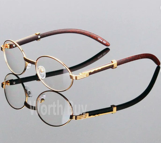 Womens Men Retro Vintage Clear Lens Gold Wood Frame Fashion Designer Eye Glasses