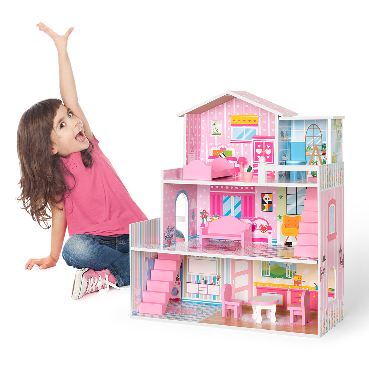 Wooden Dollhouse with Furniture Playset for Kids Solid Wood Sturdy