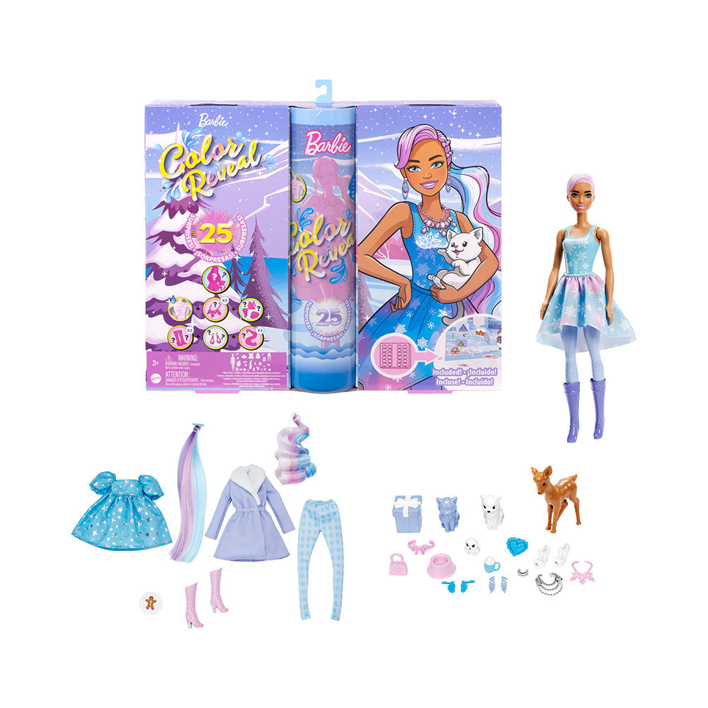 Barbie Color Reveal Advent Calendar, 1 Doll & 3 Pets, 25 Surprises