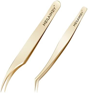 MEILAIMDY Tweezers for Eyelash Extension - Professional Curvy | Pointed Edge Tweezers Stainless Steel Precision Eye False Lash Tweezers Set 2Pcs (Gold)