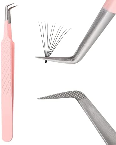 Lash Tweezers For Eyelash Extensions Fiber Tip Lash Tweezers Professional Fan Making Lash Extension Tweezers Volume Lash Tweezers Stainless Steel(Pink 90 Degree Tweezers,1Pc)