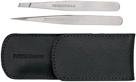 Tweezerman Petite Tweeze Set with Travel Case - Point and Slant Tweezers, Tweezers for Travel (Black Case)