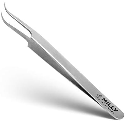By MILLY Professional - Curved & Pointed Eyelash Extension Tweezers - Lash Tweezers for Classic, Volume Pick-up, Isolation - Precision Point-Tip - Titanium Coated Stainless Steel - 12 cm (4.72 inches)