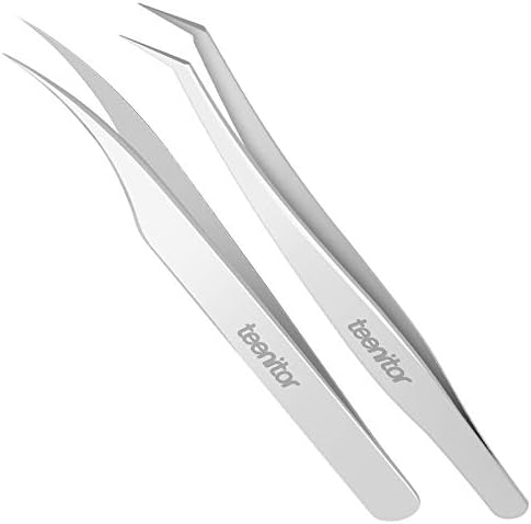 Teenitor 2 Pieces Eyelash Extensions Tweezers,Professional Stainless Steel Precision Tweezers set with Dolphin-shaped and Curved Pointed Tip Tweezers Nipper for lash Extensions