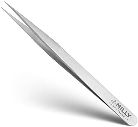 By MILLY Professional Series - Eyelash Extension Tweezers - Straight Lash Tweezers for Classic Pickup and Isolation - Precision Pointed Tip - Titanium Coated Stainless Steel - 14 cm (5.5 inches)
