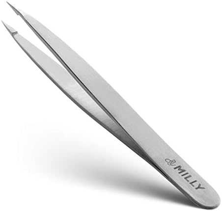 By MILLY Pointed Tweezers | Hammer Forged 100% German Steel Needle Nose Tweezers | Fine Point Tweezers Precision Hair Removal | Perfectly Aligned & Hand-Filed Sharp Tweezers | Silver