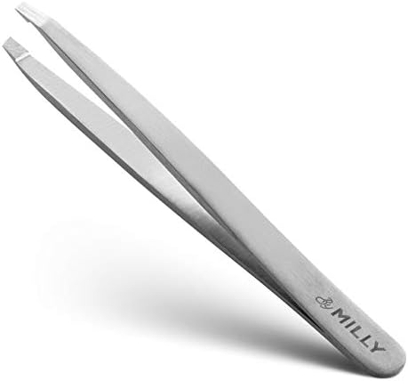 By MILLY Professional Slanted Tweezers for Women & Men | 100% German Steel & Hammer Forged Sharp Tweezers | Tweezers for Women Facial Hair Plucking, Hand-Filed & Aligned Precision Slant Tips - Silver