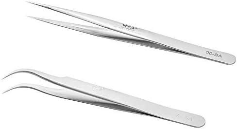 EMEDA Eyelash Extension Tweezers 2 Pieces VETUS Straight Pointer and J Curved Tweezers for Eyelash Extensions Precision Lashing Tweezers Professional Tools for Isolation Classic Volume Lash Extensions