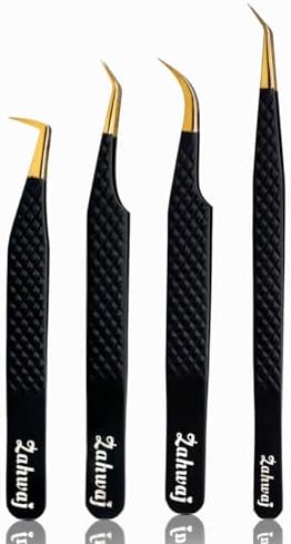 ZAHWAJ Lash Tweezers - Set of 4 Fiber Tip Eyelash Tweezers - Stainless Steel Eyelash Extension Tweezers - Diamond Grip Professional Lash Tweezers for Eyelash Extensions (Black)