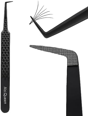 Ms.Queen Lash Tweezers for Eyelash Extensions, Diamond Grip 90 Degree Fiber Tip Volume Lash Extension Tweezers,Black