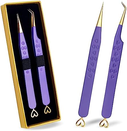 Precision Eyelash Extension Tweezers, Straight And 45-Degree, with Fiber Tip, Volume & Isolation Tweezers, Japanese Stainless Steel, Unique Heart Design (Purple Color)