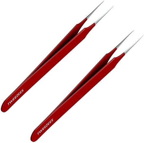 Ingrown Hair Tweezers | Pointed Tip | Red | 2 Pack | Precision Stainless Steel | Extra Sharp and Perfectly Aligned for Ingrown Hair Treatment & Splinter Removal For Men and Women | By Tweezees