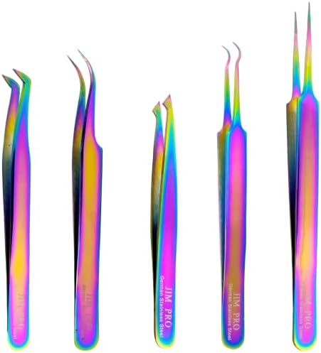JIM PRO Eyelash Extension Tweezers Set 5 PCS for Eyelash Extensions Stainless Steel Lash Tweezers for Volume Lash Extensions - Multicolor
