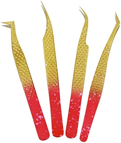 HADIZ Set of 4 Fiber Tip Diamond Grip Eyelash Extensions Tweezers Japanese Stainless Steel Lash Tweezer Volume & Classic Eyelash Extensions Lash Applicator Tool(Gold Red)