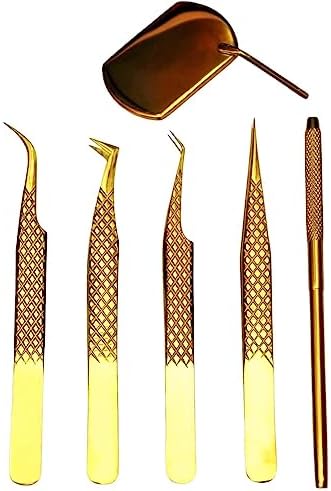 STALLIONS Lash Tweezers for Eyelash Extensions | Stainless Steel - Diamond Grip Straight, Curve,Volume,Boot 90 45 Degree Tip with Free Mirror for Women,Makeup Beauty Professional Tool Kit 12cm (Gold)
