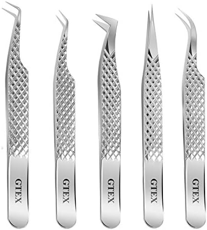 GTEX Lash Tweezers For Eyelash Extensions Tweezers Set of 5, Japanese Stainless Steel, Straight Curved 45 90 Degree Volume Eyelash Tweezers - SILVER