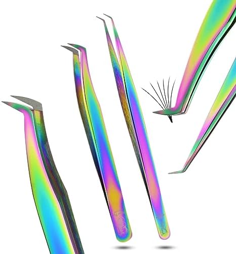 My Lash Tools Fiber Tweezers for Lash Extensions and Straight Isolation Eyelash Tweezer Set Professional Precision Mink Lashes Fan Making Mega Volume Boot Lashing Tweezers (Rainbow Set)