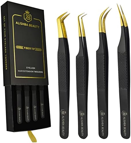 Alishba Beauty Eyelash Extension Tweezers, Precision Fiber Tip Grip Japanese Stainless Steel (Set of 4 Eyelash Tweezer) (BLACK GOLD-68602)