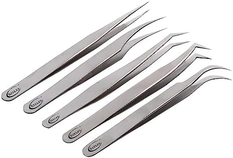 SZELES 5 PCS Eyelash Extension Tweezers Stainless Steel Curved Volume Lash Tweezers Eyebrow & Facial Hair Tweezers