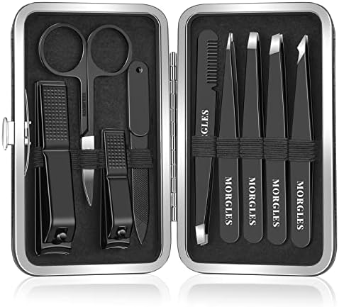 Tweezers Set and Nail Clippers, Tweezers Set for Men, MORGLES 9PCS Professional Stainless Steel Tweezers No Gaps with Leather Travel Case