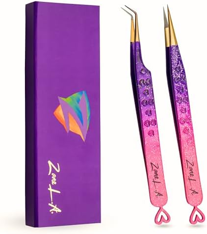 Zane L.A. Nano Fiber Tip Professional Eyelash Extension Tweezers, made with Japanese Stainless Steel, Unique Heart Design (Pink and Purple)