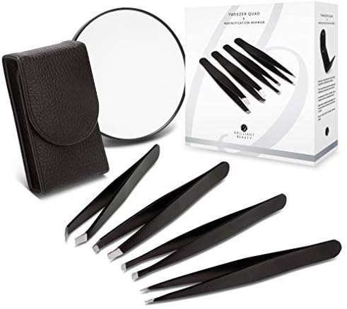 Brilliant Beauty 4-Piece Professional Tweezer Set with Case & Mirror by Precision Tweezers Kit Slant, Pointed, Curved & Flat Tips for Eyebrow, Ingrown Hair, Splinter Removal, Black, 1 Count