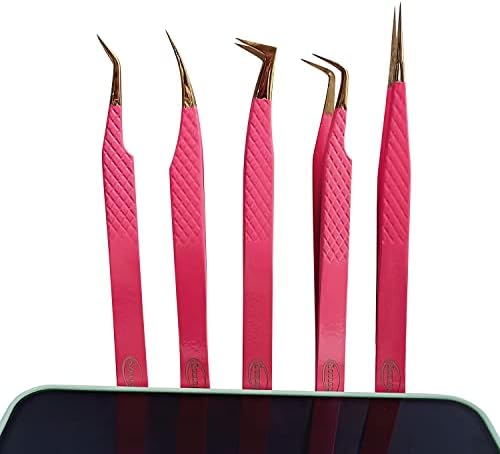 SZELES Diamond Grip Tweezers Lash Eyelash Extension Tweezers Kit Isolation Volume Straight Tweezers Set Professional Artist Tech Work Kit make-up Nail Lash Tools (PINK)