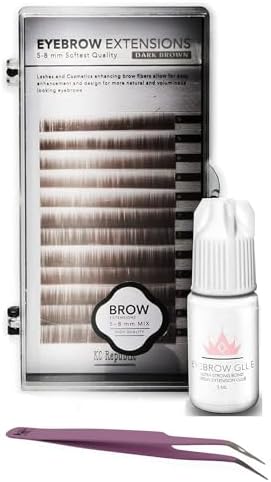 Eyebrow Extensions Kit with 1 x Trays of Mink Eyebrows in Dark Brown Comes on Mixed Length Trays 5-8 mm Mix, Eyebrow Extension Glue Clear & Extension Tweezers (Dark Brown, Violet Tweezer)