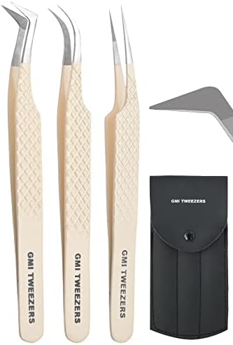 Fiber Tip Lash Tweezers- Pack of 3 Eyelash Extension Tweezers Professional- Lash Tweezers. (Light Nude)