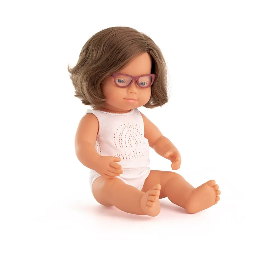 Miniland Baby Doll Caucasian Girl Down Syndr. Glasses 15''