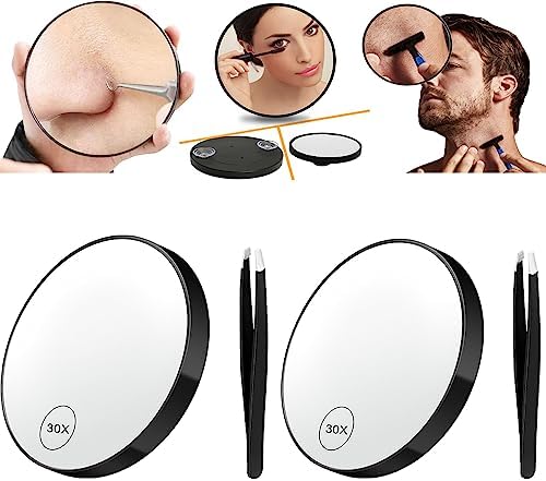 2PC 30X Magnifying Mirror and Eyebrow Tweezers Kit, Detachable Makeup Mirror Vanity Mirror Bathroom Mirror,3.5" Three Suction Cups Magnifier Travel Set (2)