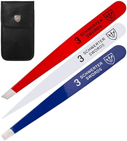 3 Swords Germany – brand quality professional stainless steel precision tweezer set “USA”, slanted, straight, pointed eyebrows hair, synthetic leather case, manicure pedicure by 3 Swords