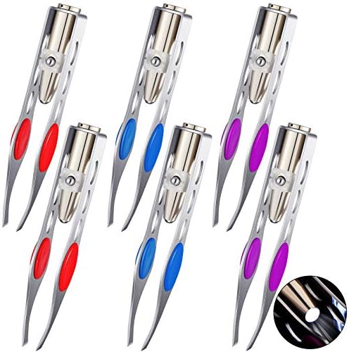 6 Pcs Light Tweezers Stainless Steel Tweezers with LED Light, Makeup Eyelash Eyebrow Hair Removal Tweezers Illuminating Lighted Tweezers for Precision Hair Removal Men Women (Red, Purple, Dark Blue)