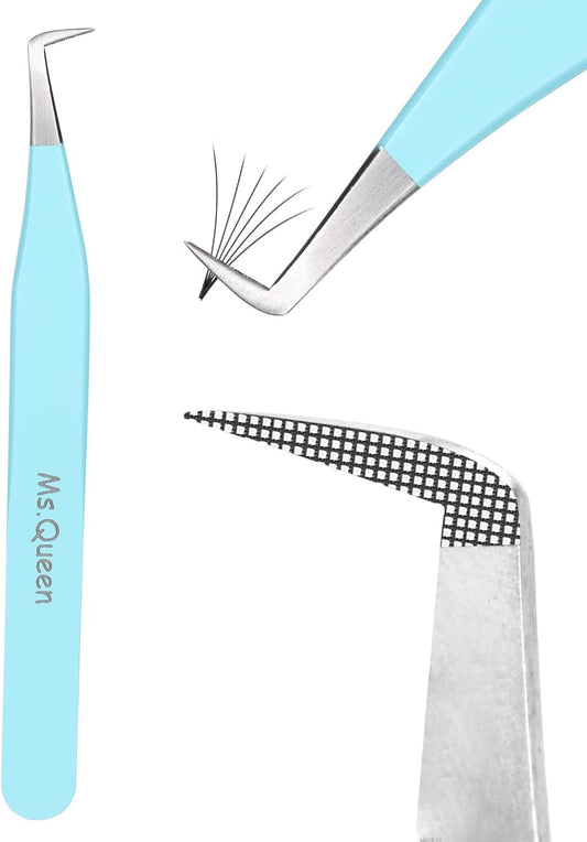 Volume Tweezers For Eyelash Extensions, Fiber Tip Grip Lash Tweezers L-Shape Boot Mega Volume Mink Lashes Tweezers, Blue