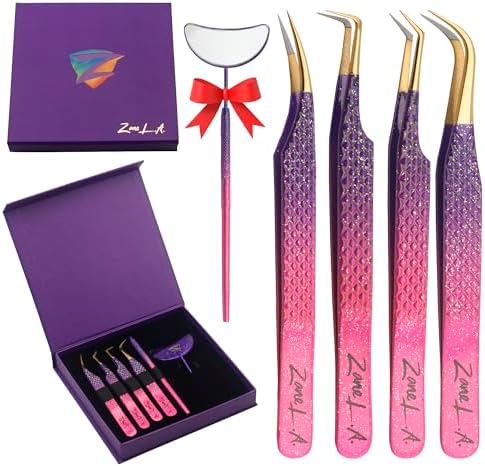 Zane L.A. Nano Fiber Tip Professional Eyelash Extension Tweezers, a pack of 4, Quality tweezers made with Japanese Stainless Steel, includes Stylish Half Moon Mirror. (Multi-Color)