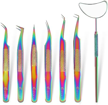 Lizmann Lash Tweezers Eyelash Extensions Tweezers Set 7 PCS Individual and Volume Lash Extensions Eyelash Applicator Tool Precision Tweezers for Eyelash Extension Professional- Rainbow