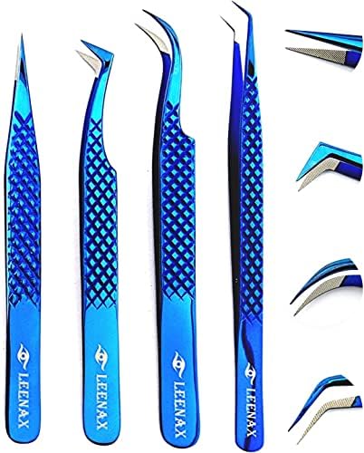 Leenax 4 Pcs Micro Fiber Tip Diamond Grip Stainless-Steel Eyelash Extension Tweezers for False Lashes Extension 2D -6D Volume Tweezers. (Blue)
