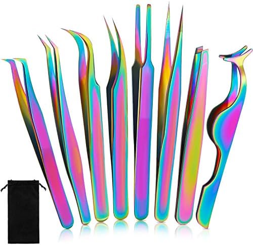 8 Pieces Eyelash Extension Tweezers Set Straight and Curved Tip False Lash Tweezers Eyelash Applicator Tool Stainless Steel Precision Tweezers for Eyelash Extension with Velvet Bag (Rainbow Color)