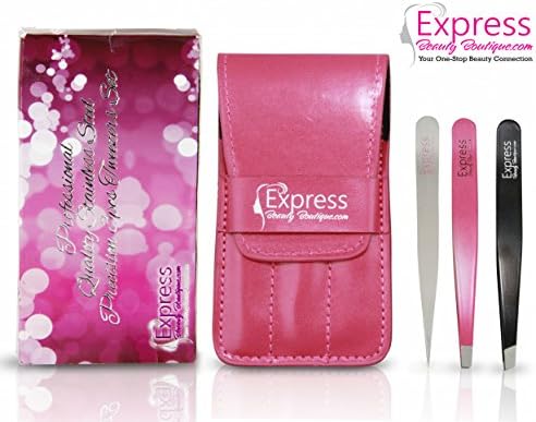 Express Beauty Boutique Tweezers 3pcs Set Pink Case Professional Quality Stainless Steel Precision Eyebrow Tweezer for Ingrown Hair Shaping Eyebrows.