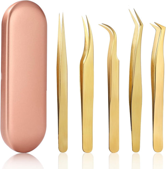 Etercycle High Precision Lash Tweezers Set - Includes 5 Stainless Steel Eyelash Tweezers for Classic Individual and Volume Lash Extensions. Complete with Storage Box
